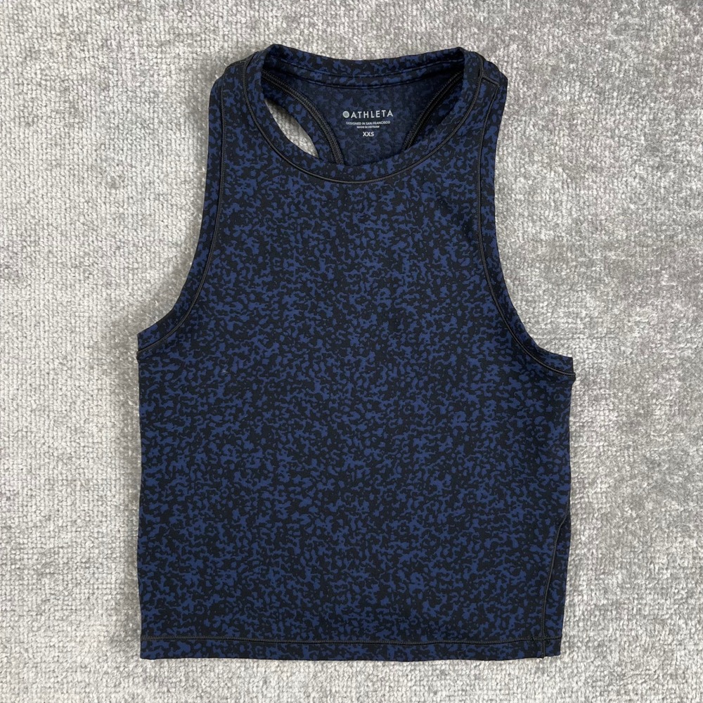 Athleta Womens XXS Navy Blue Leopard Print Racerback High Neck Crop Tank Top